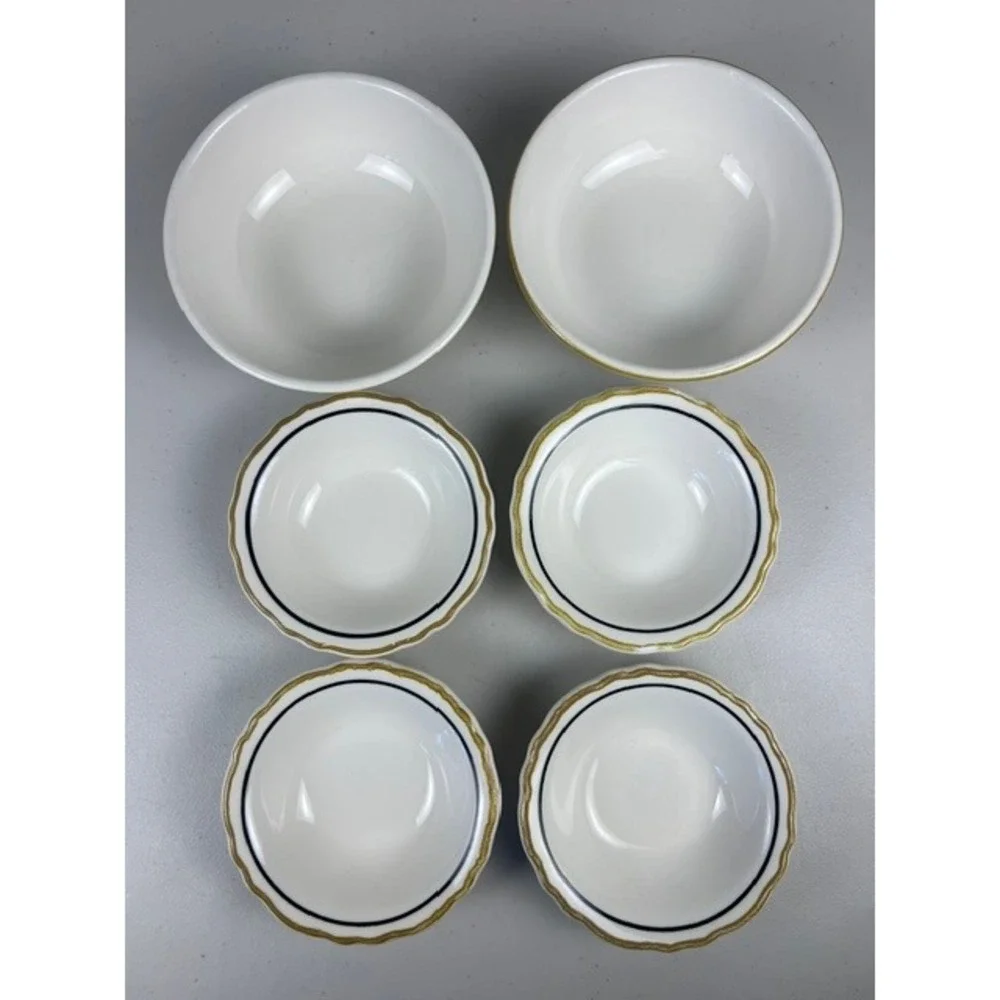 Homer Laughlin Restaurant Best China 6 Piece‎ Bowl Set Blue Gold Scalloped Rim